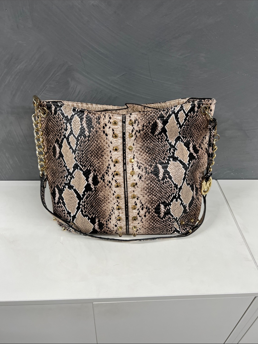 Michael Kors Snake-Print Shoulder Bag with Gold Chain